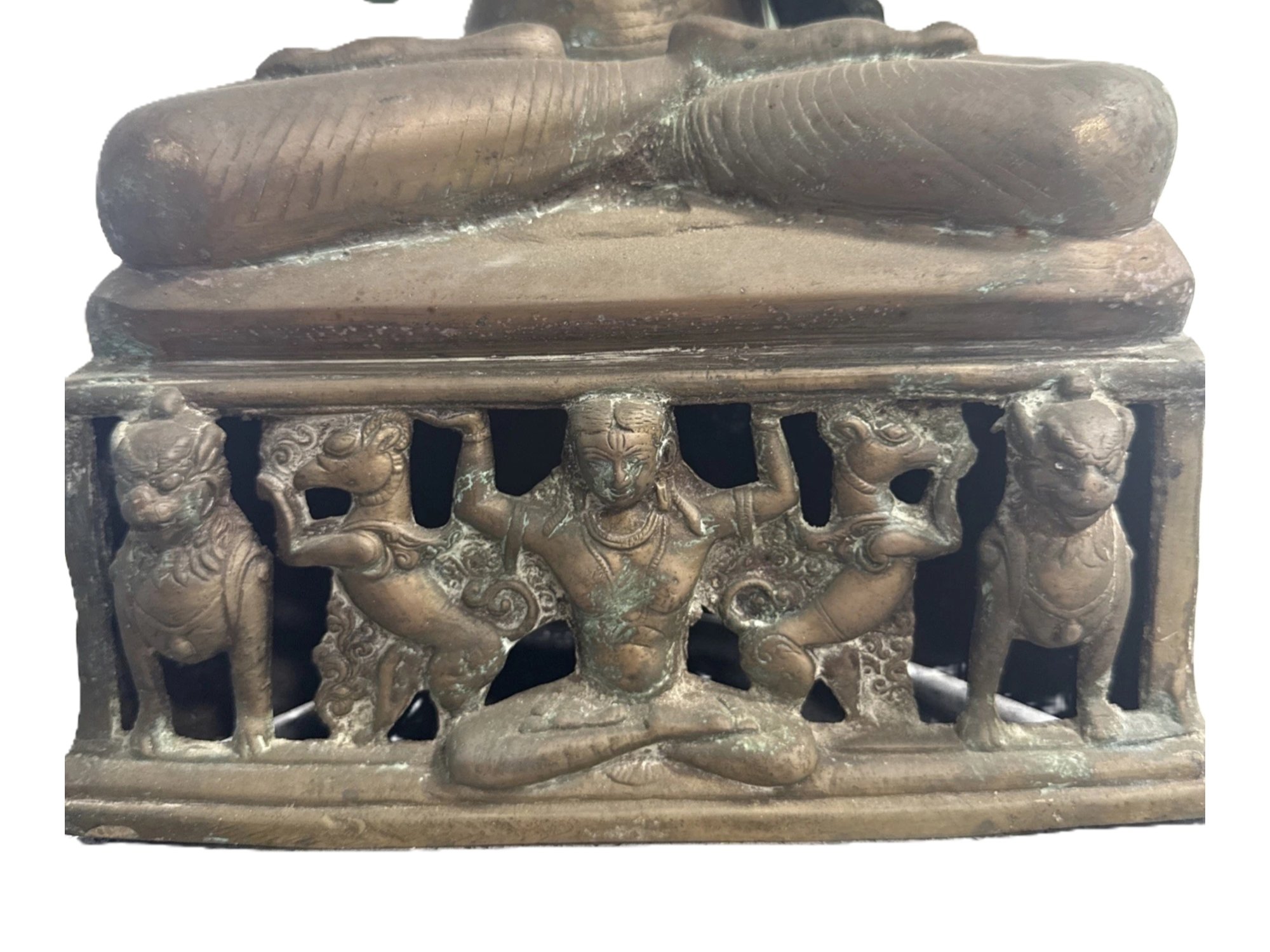 SOUTHEAST ASIAN BRONZE SEATED BUDDHA ON FIGURAL PEDESTAL PIC-1